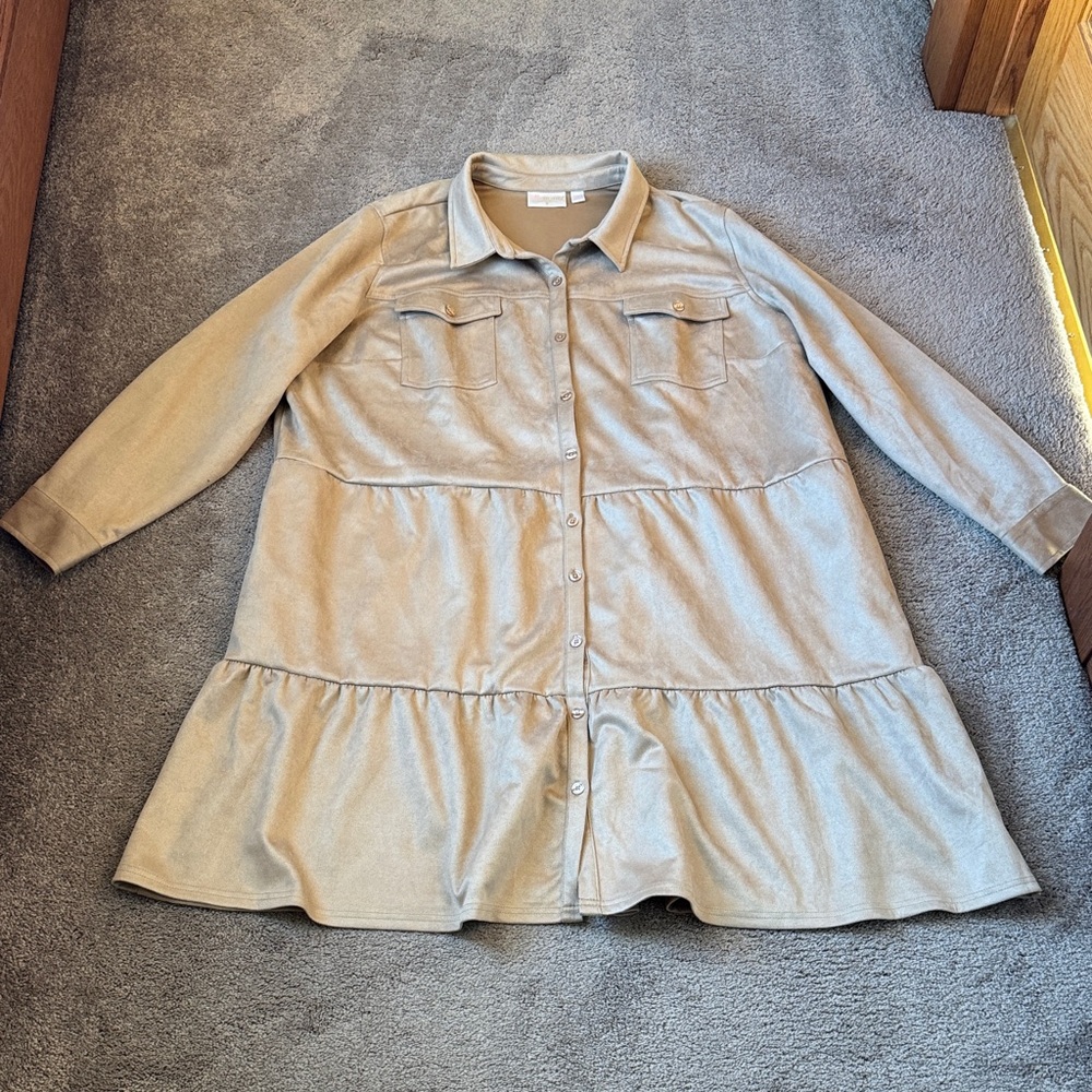 Belle Boho Kim Gravel Beige Suede Long Sleeve Button Down Dress SIZE 3X